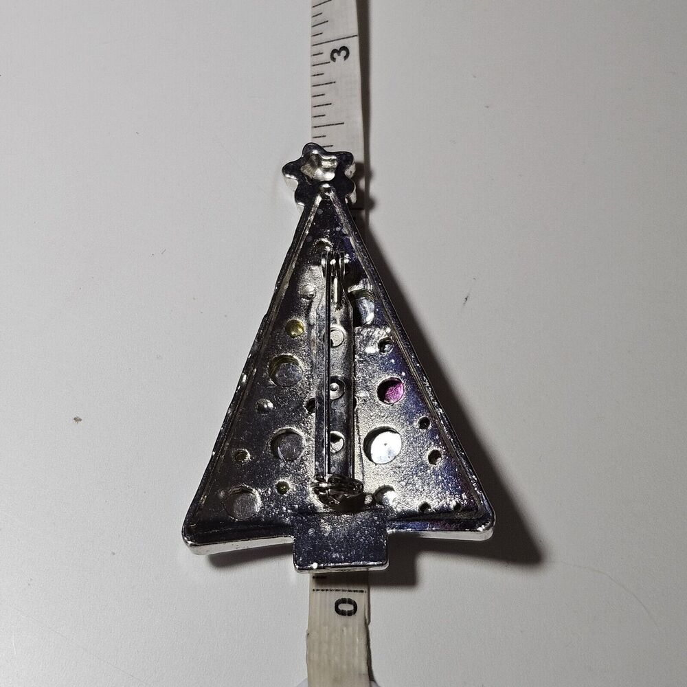 VTG Multi Color Glass Rhinestone Ornaments Christmas Tree Silver Tone Brooch - Picture 6 of 9